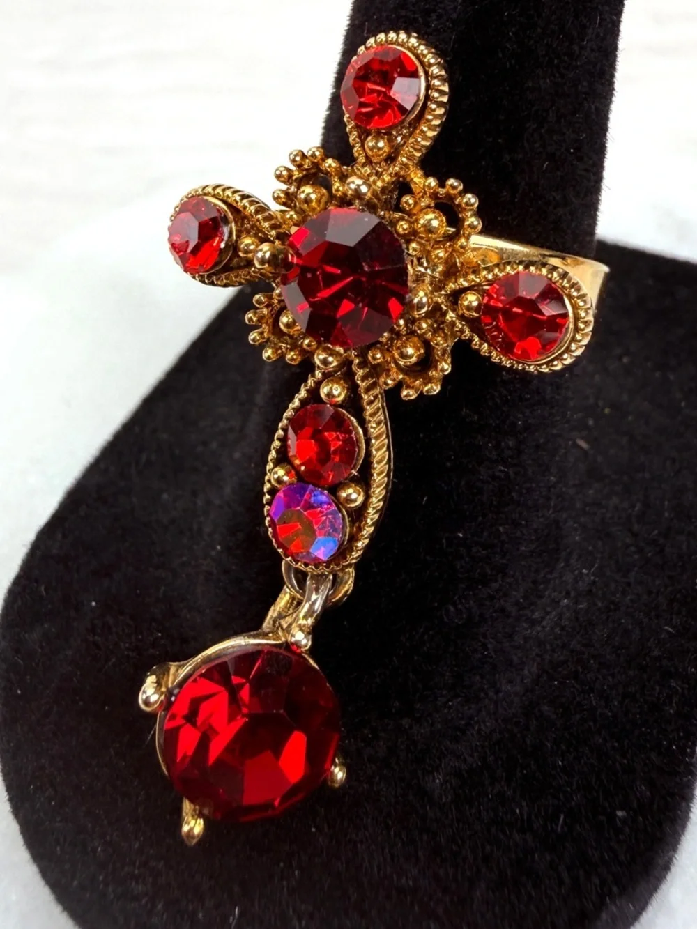 Goldtone, red bling, cross, charm, dangle adjustable costume ring